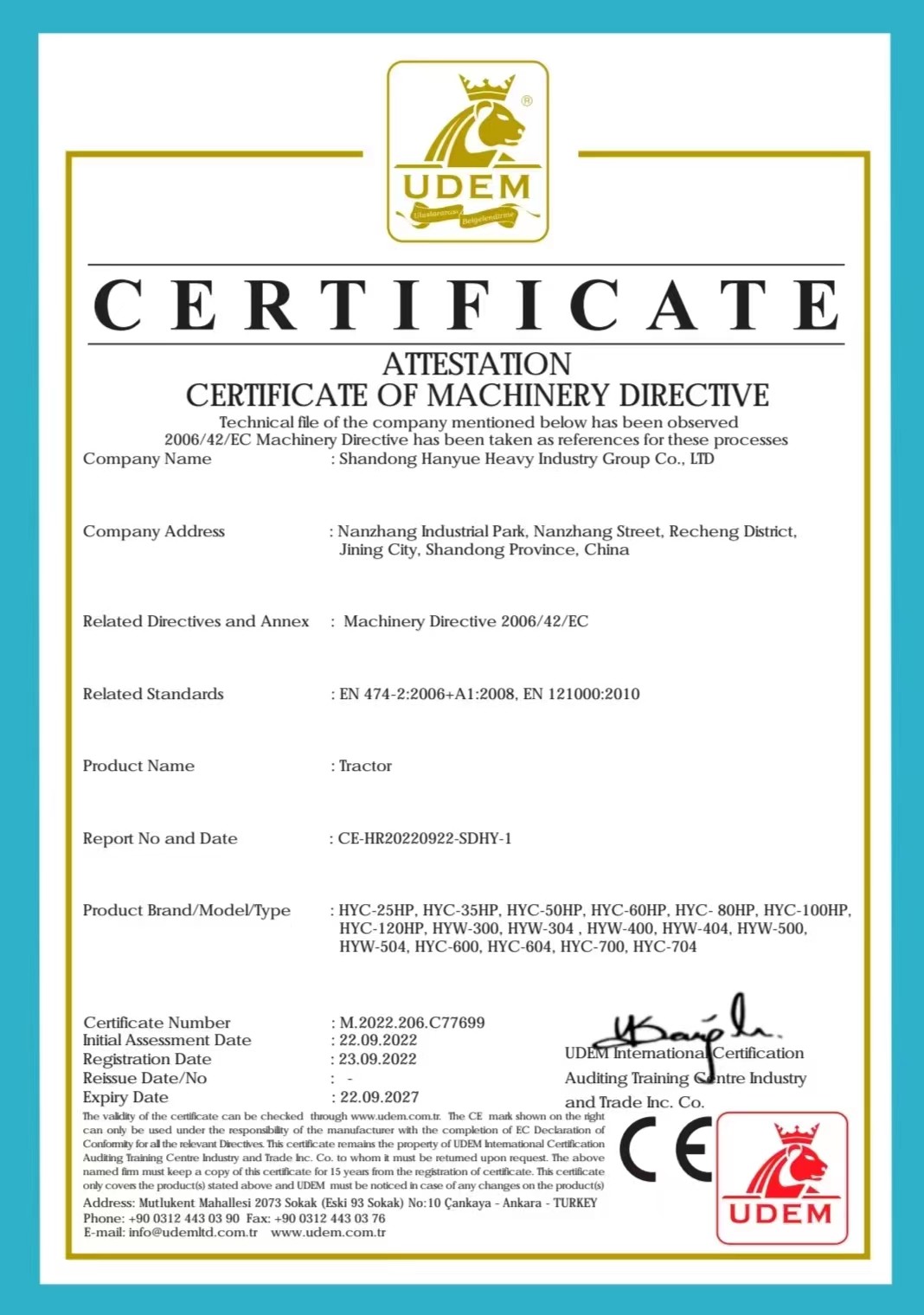 Porcellana Shandong Hanyue Heavy Industry Group Co., Ltd. Certificazioni