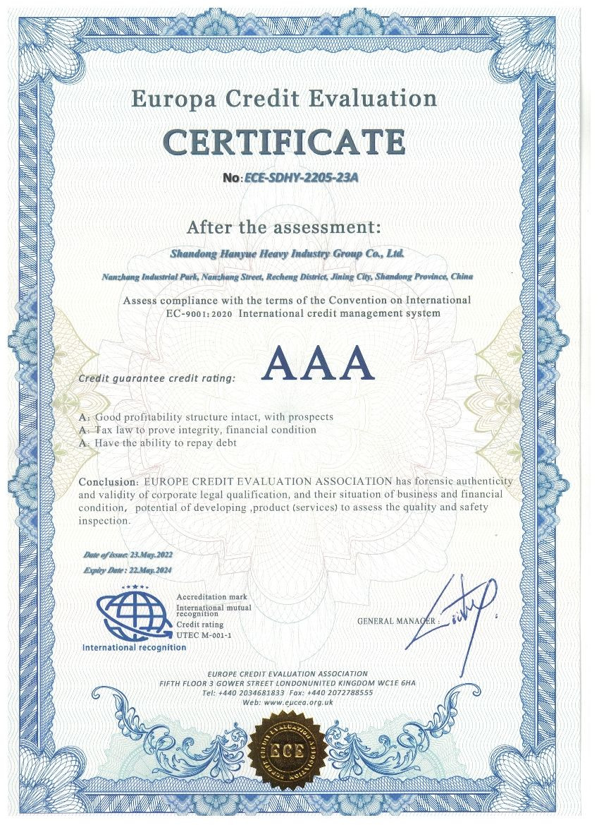 Porcellana Shandong Hanyue Heavy Industry Group Co., Ltd. Certificazioni
